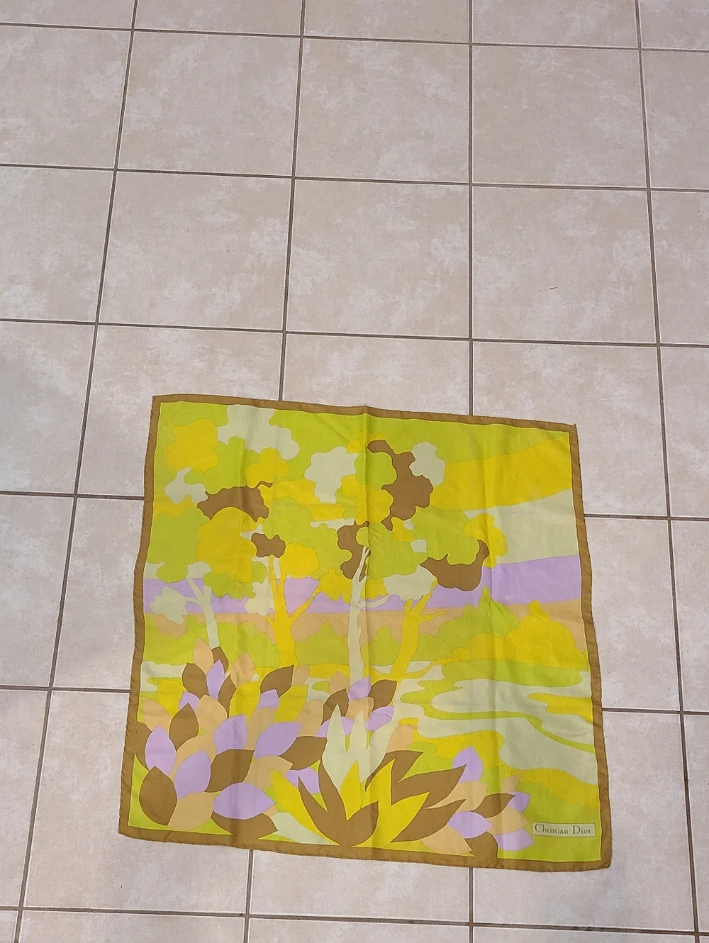 Christian Dior Vintage Floral Silk Scarf Brown Green Yellow Lavender Luxe